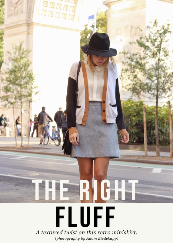The Steele Maiden: Textured mini skirt and colorblock cardigan