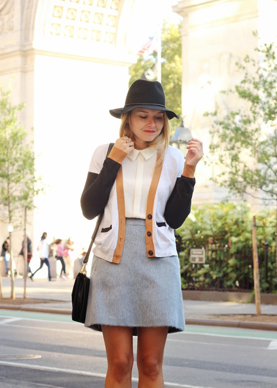 The Steele Maiden: Textured mini skirt and colorblock cardigan