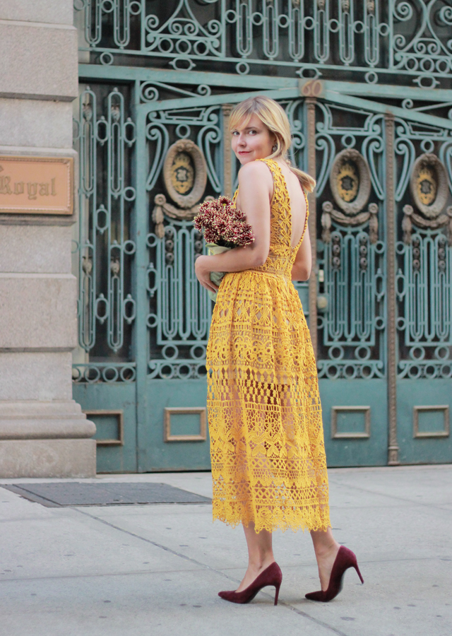 choies_marigold_yellow_lace_midi_dress_burgundy_suede_heels_fall_wedding_style_1