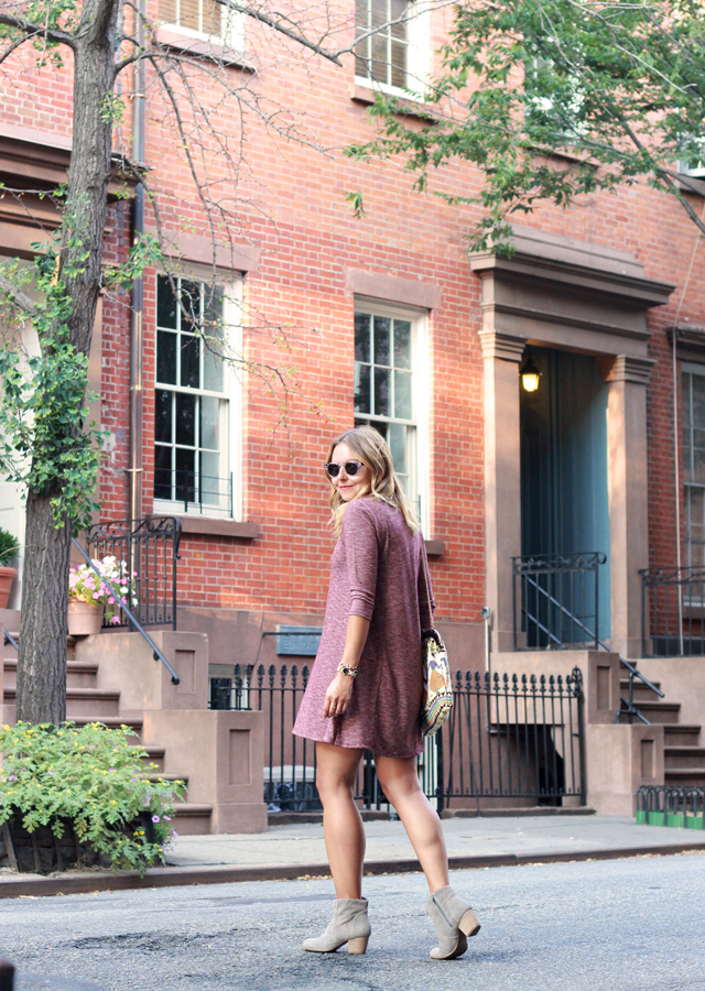 Meatpacking District NYC wearing Swing dress and suede ankle booties 
