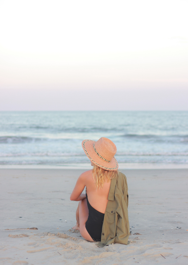 Beach Weekend Style: Scallop Black One Piece Bathing Suit, Straw Hat and Cargo Shirt