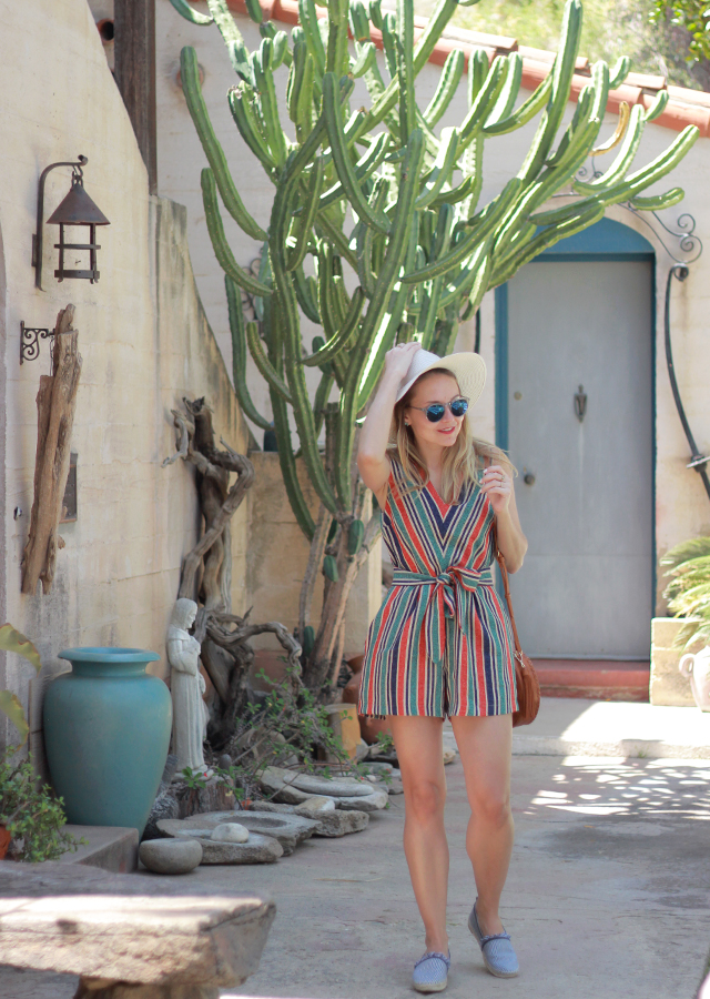 The Steele Maiden: Festival Style in Anthropologie Striped Romper, Straw Hat and Round Crossbody Bag