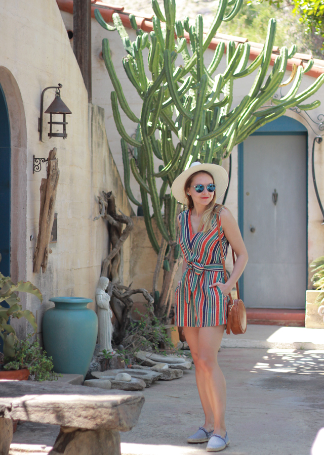 The Steele Maiden: Festival Style in Anthropologie Striped Romper, Straw Hat and Round Crossbody Bag