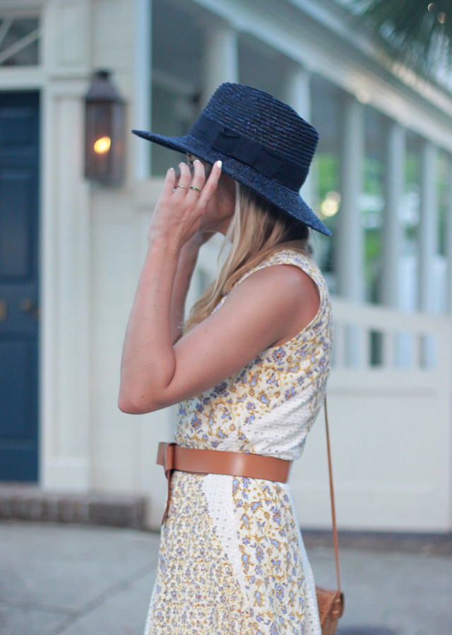 The Steele Maiden: Floral eyelet midi dress and navy wide brim straw hat