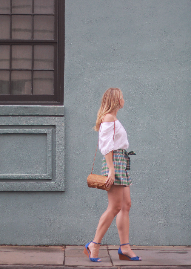 The Steele Maiden: Summer style in Charleston - plaid shorts and linen off the shoulder top