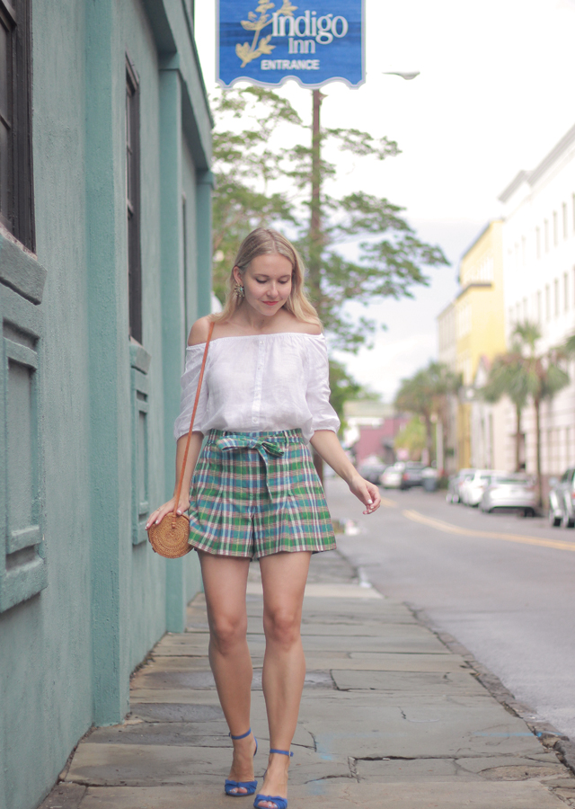 The Steele Maiden: Summer style in Charleston - plaid shorts and linen off the shoulder top