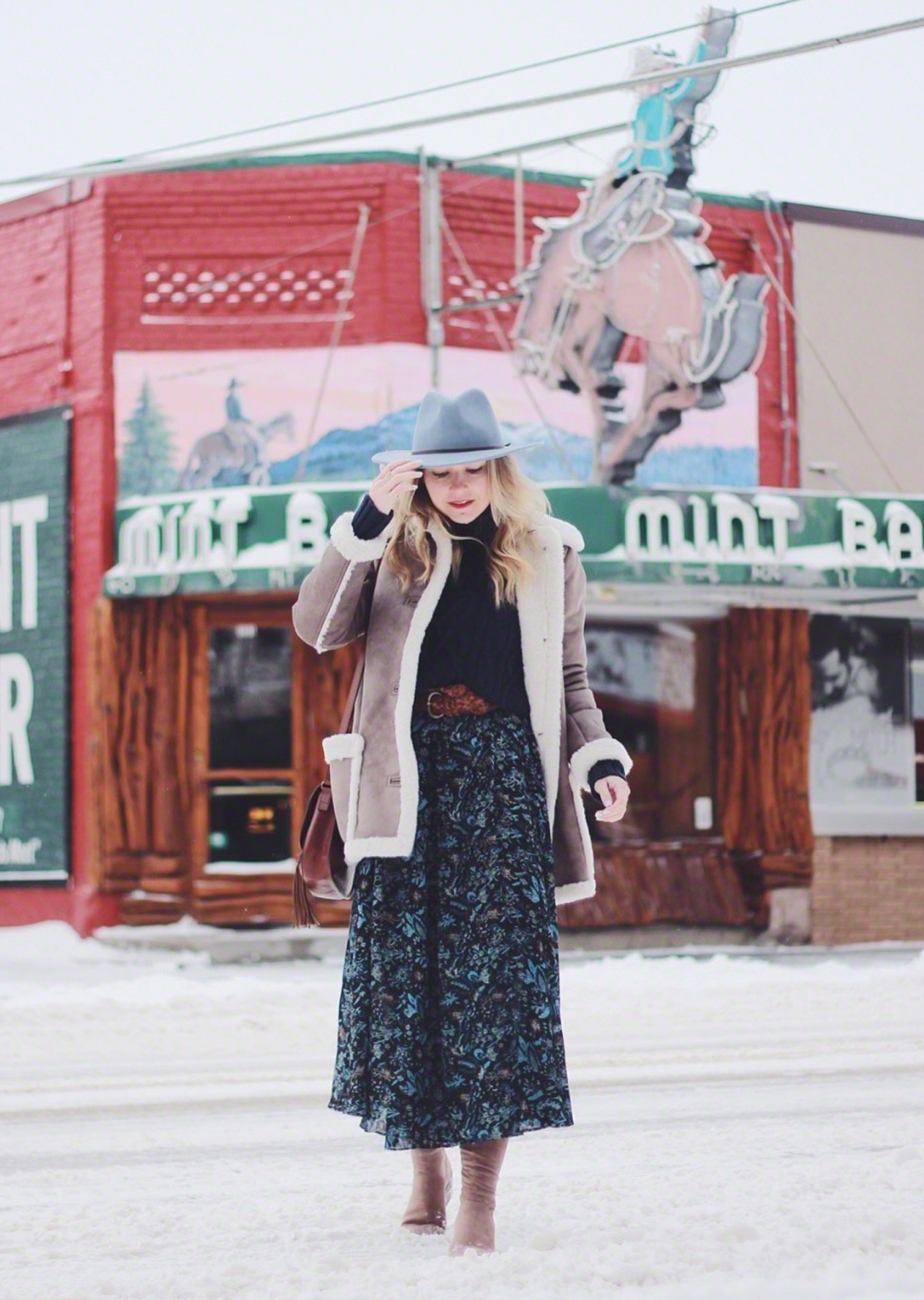 The Steele Maiden: Sheridan, Wyoming - Mint Bar - Shearling Coat and Floral Maxi Skirt