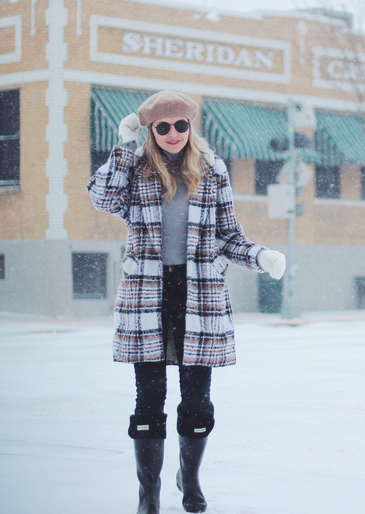 The Steele Maiden: Sheridan, Wyoming Snow Day - Plaid Coat, Beret and Hunter Boots