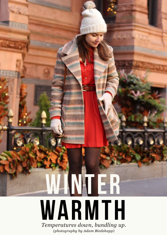 The Steele Maiden: Striped Wool Coat and Fur Pom Beanie
