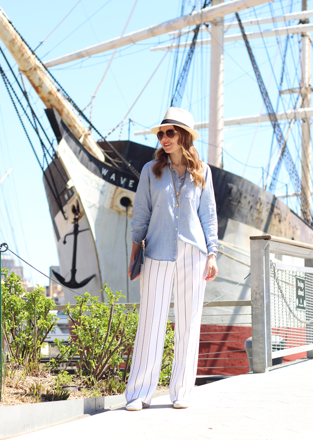 The Steele Maiden: Nautical Style with Talbots Pinstripe Wide Leg Pants and Straw Fedora at South Street Seaport, NYC