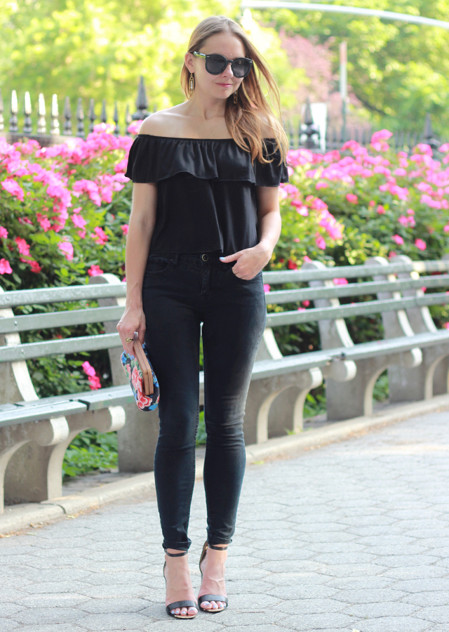 The Steele Maiden: Nordstrom off the shoulder top, black skinny jeans and Sole Society floral clutch