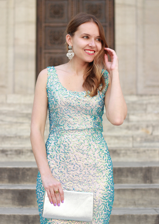 The Steele Maiden: Wedding season style with French Connection in a sequin dress and nude pumps