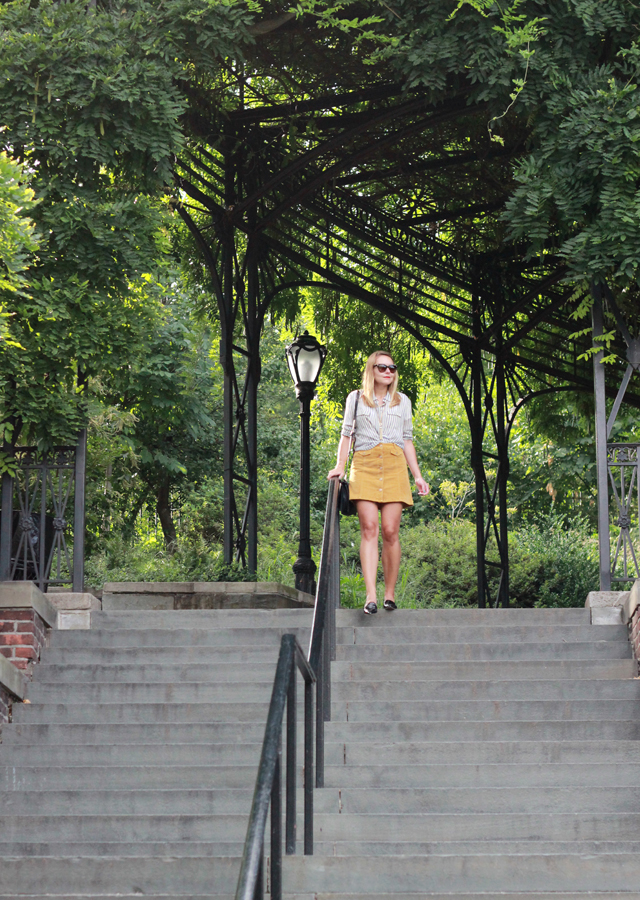 Central Park NYC wearing Urban Outfitters button front mini skirt and patent loafers
