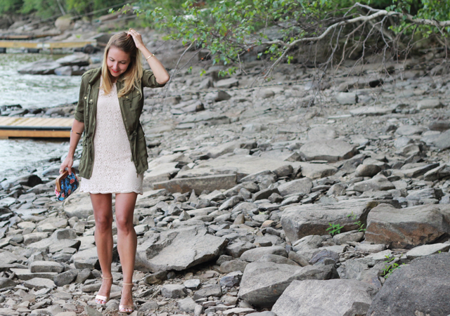 Lake Outfit - silk cargo jacket, lace dress and Seychelles wedges