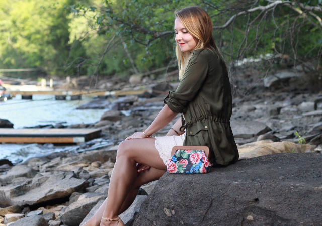 Lake Outfit - silk cargo jacket, lace dress and Seychelles wedges