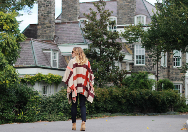 NYC Wave Hill wearing Talbots Fall favorites in plaid poncho and suede booties
