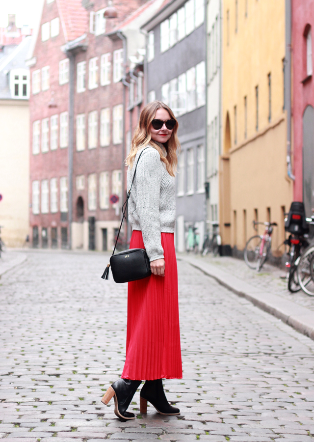 Copenhagen, Denmark: Red pleated maxi skirt and cropped sweater with Sole Society stacked heel booties