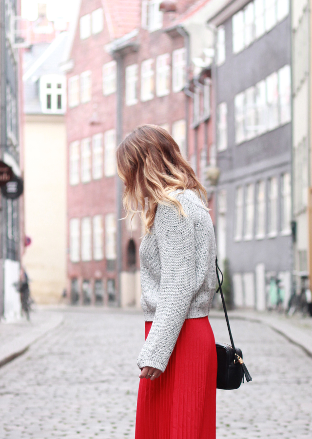 Copenhagen, Denmark: Red pleated maxi skirt and cropped sweater with Sole Society stacked heel booties