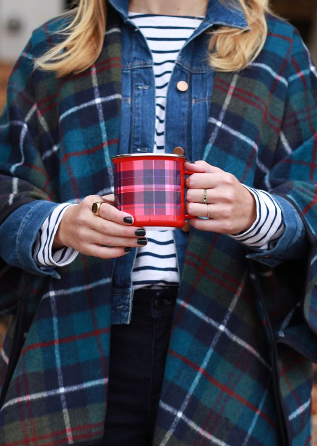 Fall weekend style in Old Navy plaid poncho, stripes and denim