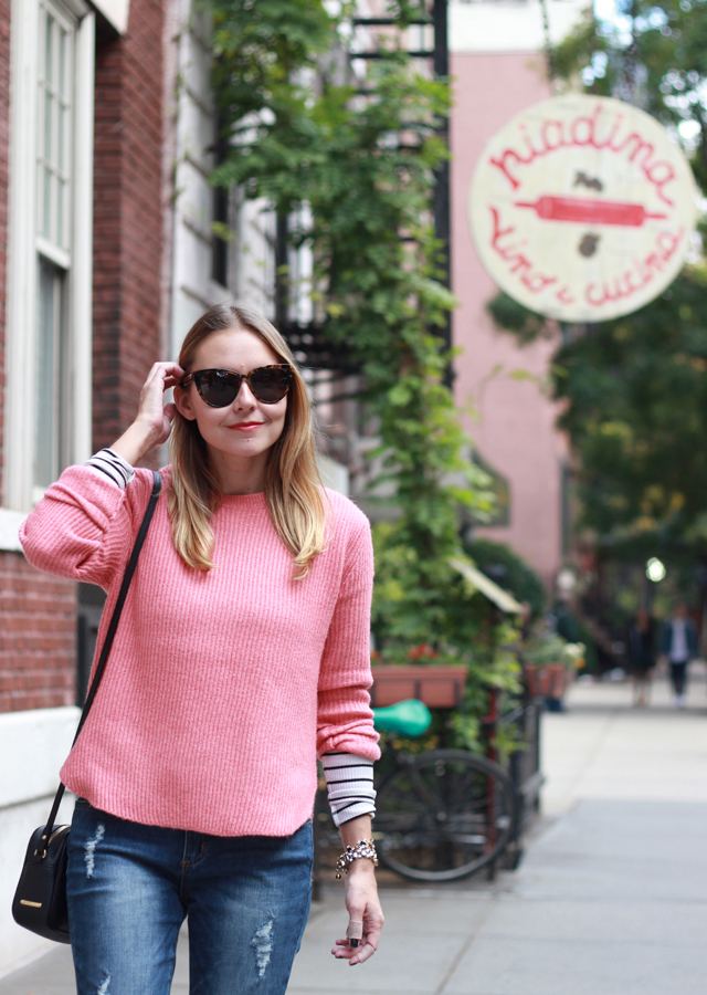 Pink LOFT sweater with boyfriend jeans and silver metallic loafers