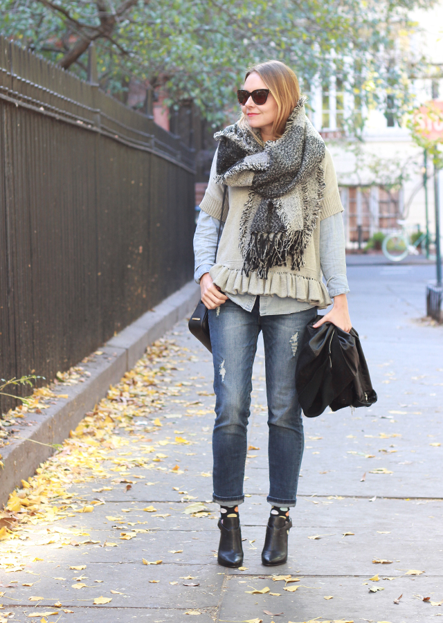 Plaid scarf, boyfriend jeans and booties