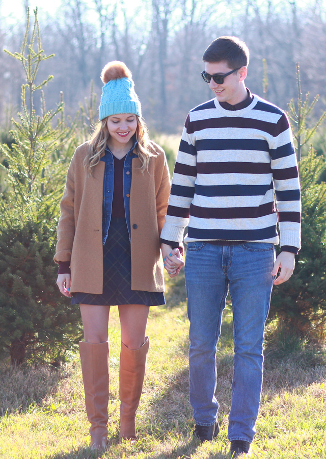 His and hers Holiday Style - in a striped sweater, camel jacket, and Anthropologie faux fur pom beanie