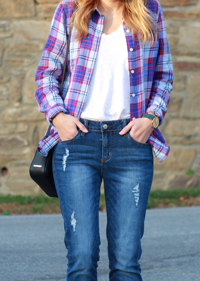 Plaid top and distressed denim with loafers
