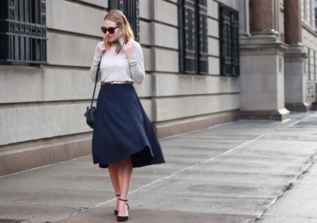 Office Style in French Connection navy midi skirt and ankle strap heels