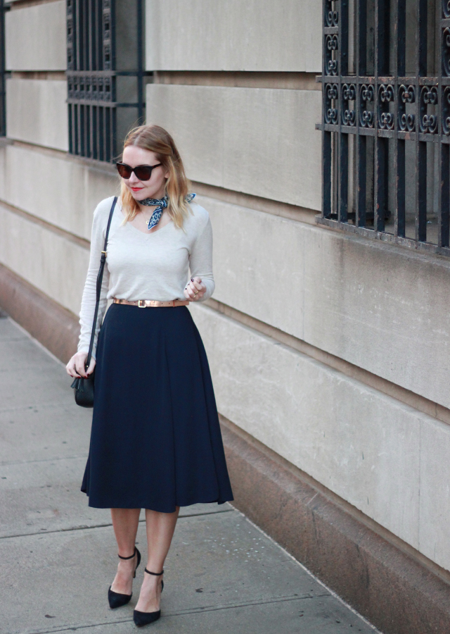 Office Style in French Connection navy midi skirt and ankle strap heels