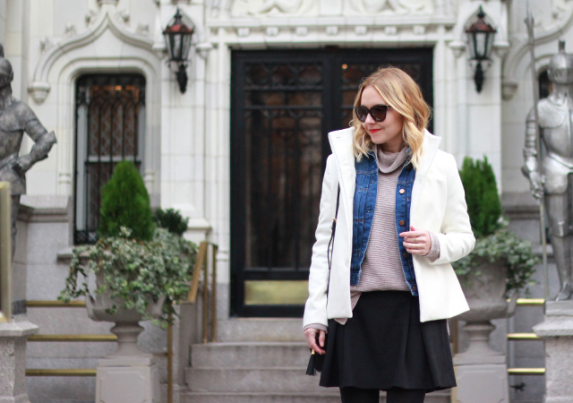 Old Navy White Cropped Coat and pleated mini skirt