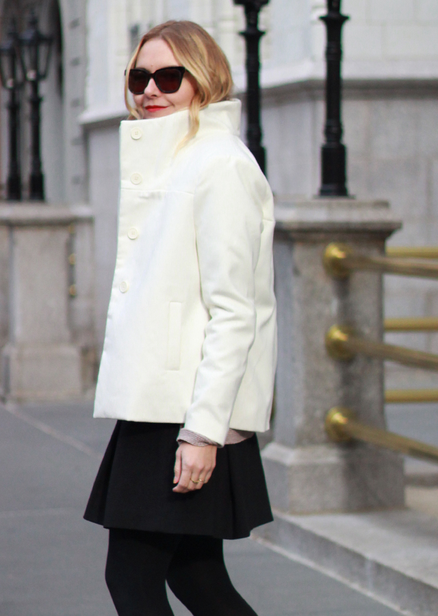 Old Navy White Cropped Coat and pleated mini skirt