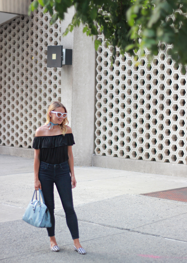 Retro-Inspired Off the Shoulder Top and Cat-eye Sunglasses