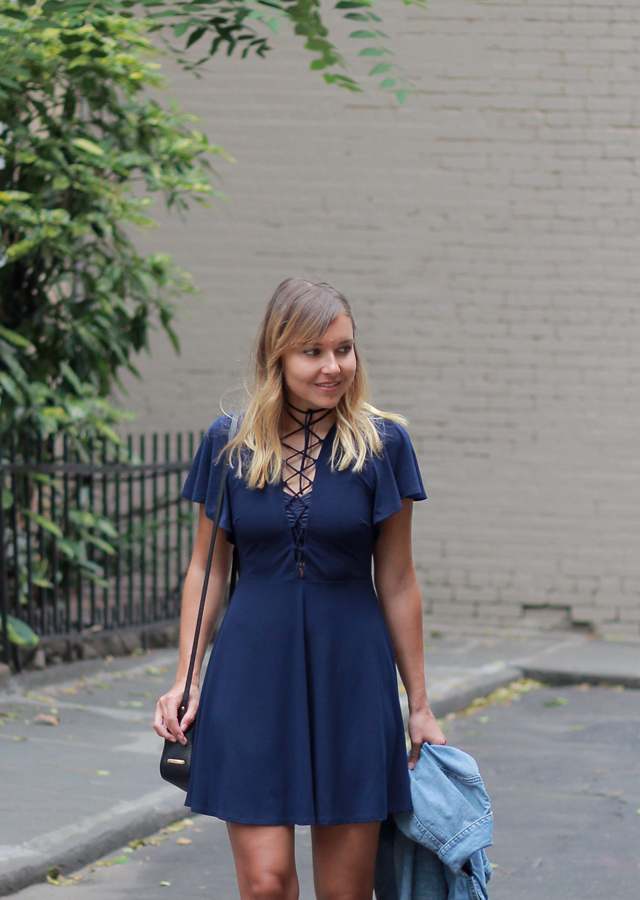 The Steele Maiden: Date Night Style Navy Lace-Up Dress and Snakeskin Boots