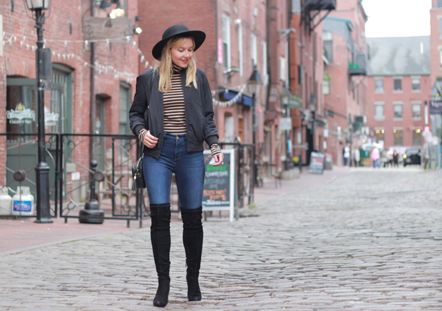The Steele Maiden: Downtown Portland Maine wearing striped turtleneck and over the knee boots