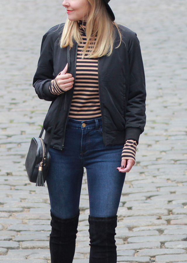 The Steele Maiden: Downtown Portland Maine wearing striped turtleneck and over the knee boots