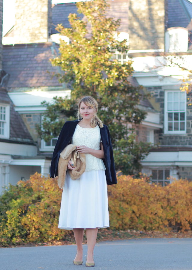 Classic holiday style with Talbots - white midi skirt, velvet blazer and faux fur scarf