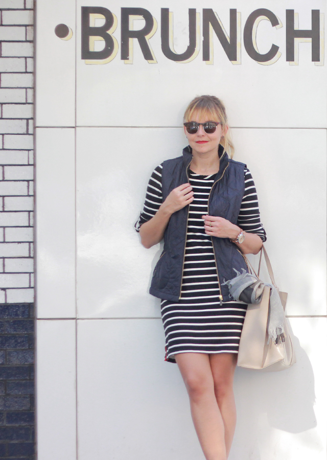 The Steele Maiden: Weekend Style - stripe knit dress, quilted vest and white sneakers