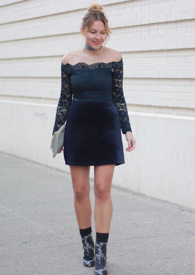 The Steele Maiden: NYE Style - Velvet Miniskirt and Lace Off the Shoulder Top 
