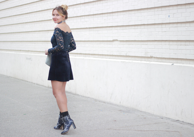 The Steele Maiden: NYE Style - Velvet Miniskirt and Lace Off the Shoulder Top 