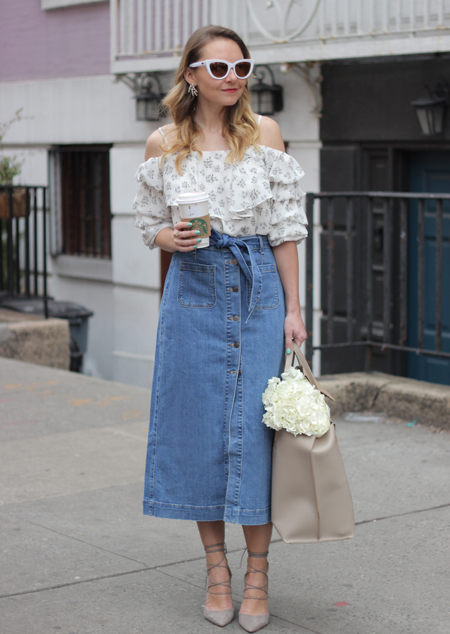 Favorite Spring Trends: Ruffle Sleeve Top and Denim Midi Skirt