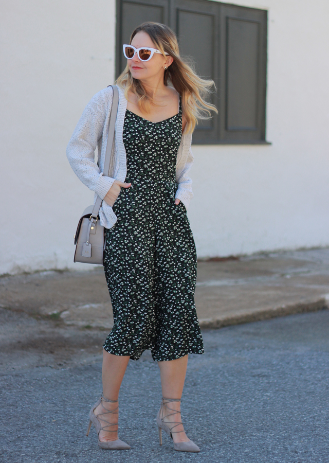The Steele Maiden: Spring transitional style - Old Navy Floral Jumpsuit and Lace-Up Heels