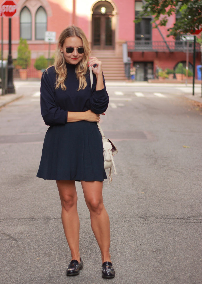 Monochrome Navy - ASOS Pleated Mini Skirt and Sebago Patent Loafers