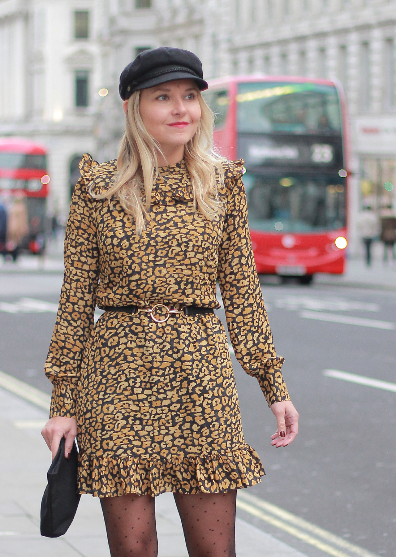 The Steele Maiden: London Night Out Style - Leopard Ruffle Dress, Fisherman's Cap and Patent Booties