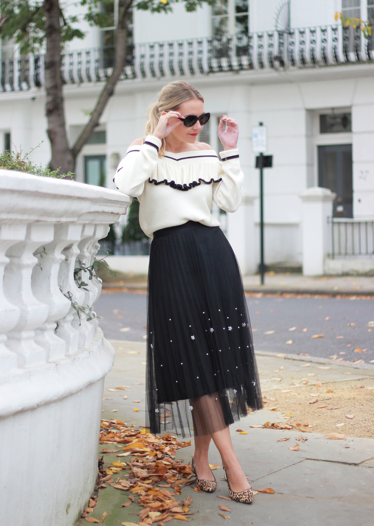 The Steele Maiden: Black and White Holiday Style - Anthropologie Pearl Tulle Skirt and Off the Shoulder Sweater