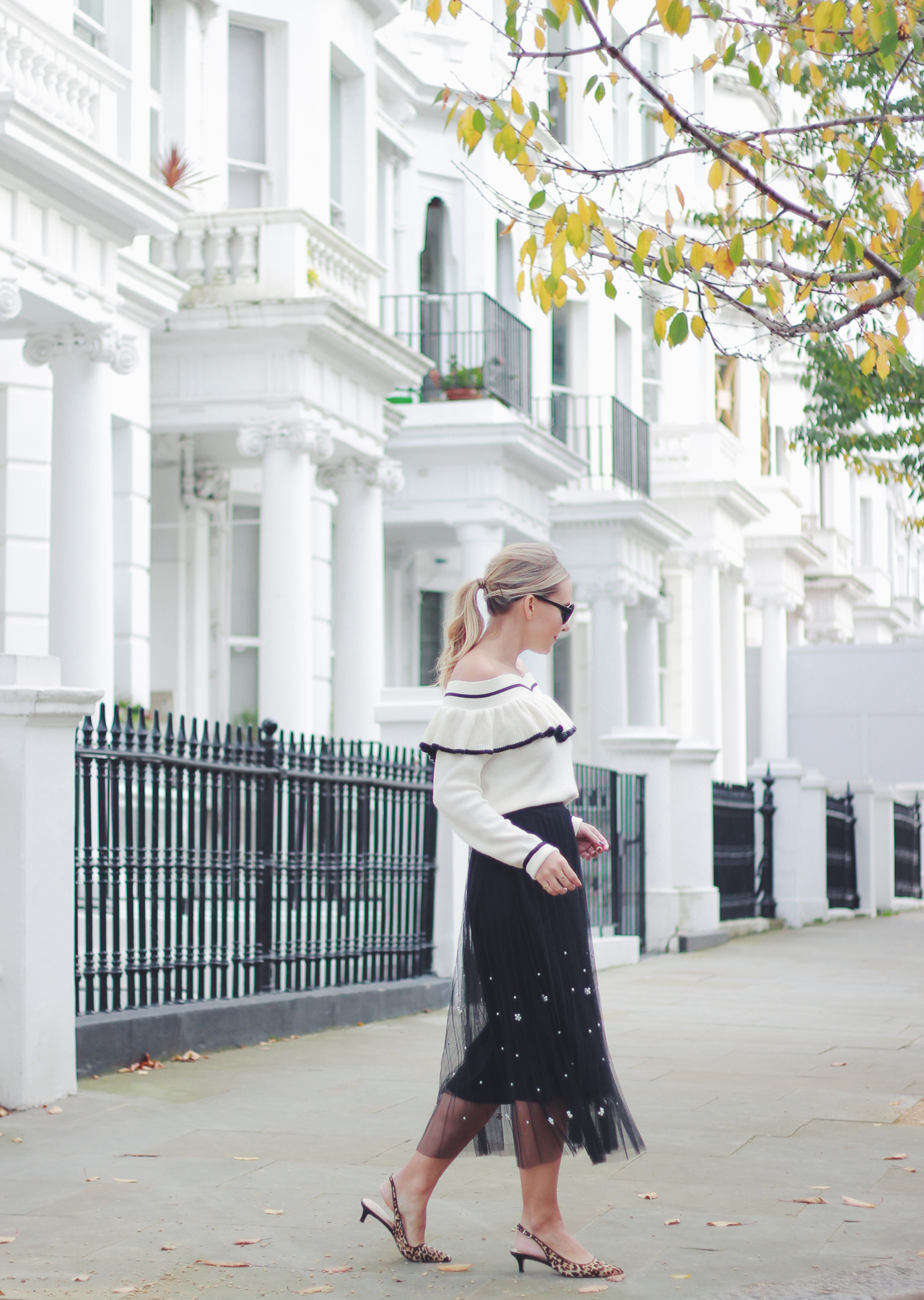 The Steele Maiden: Black and White Holiday Style - Anthropologie Pearl Tulle Skirt and Off the Shoulder Sweater