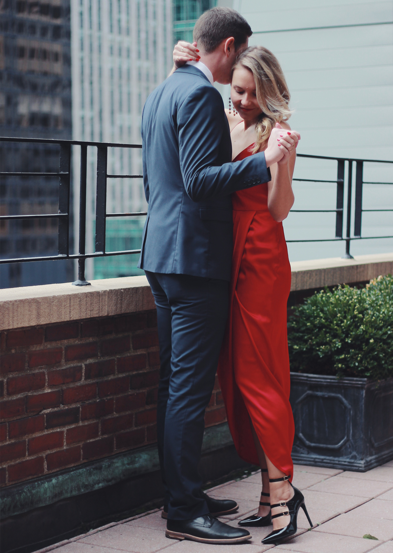 The Steele Maiden: His and Hers Special Occasion Holiday Style - Red Wrap dress and navy blue suit