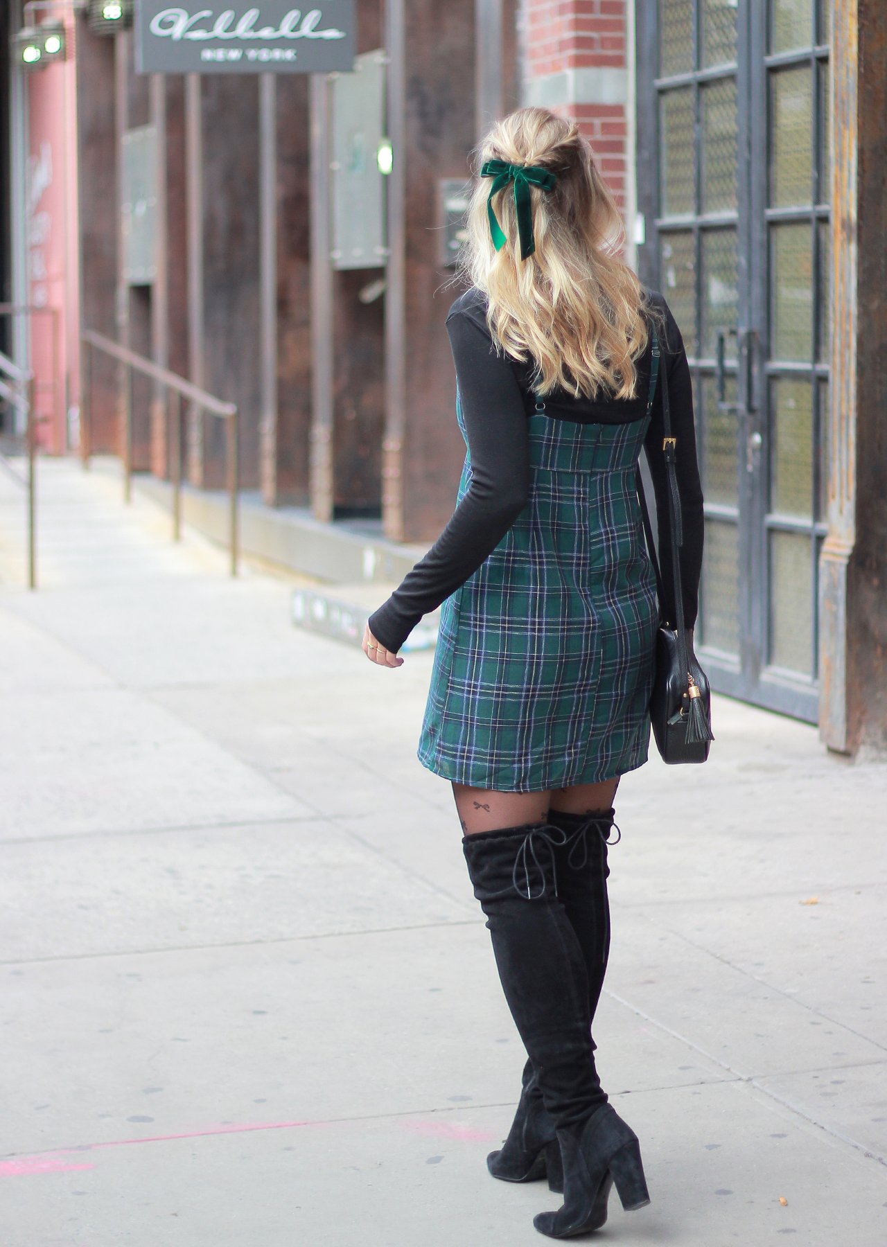 Cute Holiday Style - Plaid Mini Dress, Bow Tights and OTK Boots
