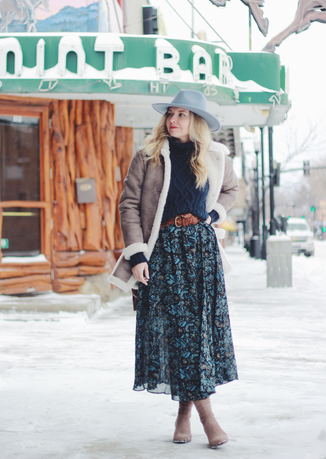 The Steele Maiden: Sheridan, Wyoming - Mint Bar - Shearling Coat and Floral Maxi Skirt