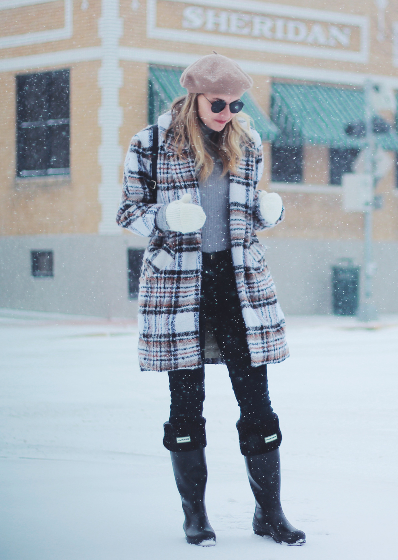 The Steele Maiden: Sheridan, Wyoming Snow Day - Plaid Coat, Beret and Hunter Boots