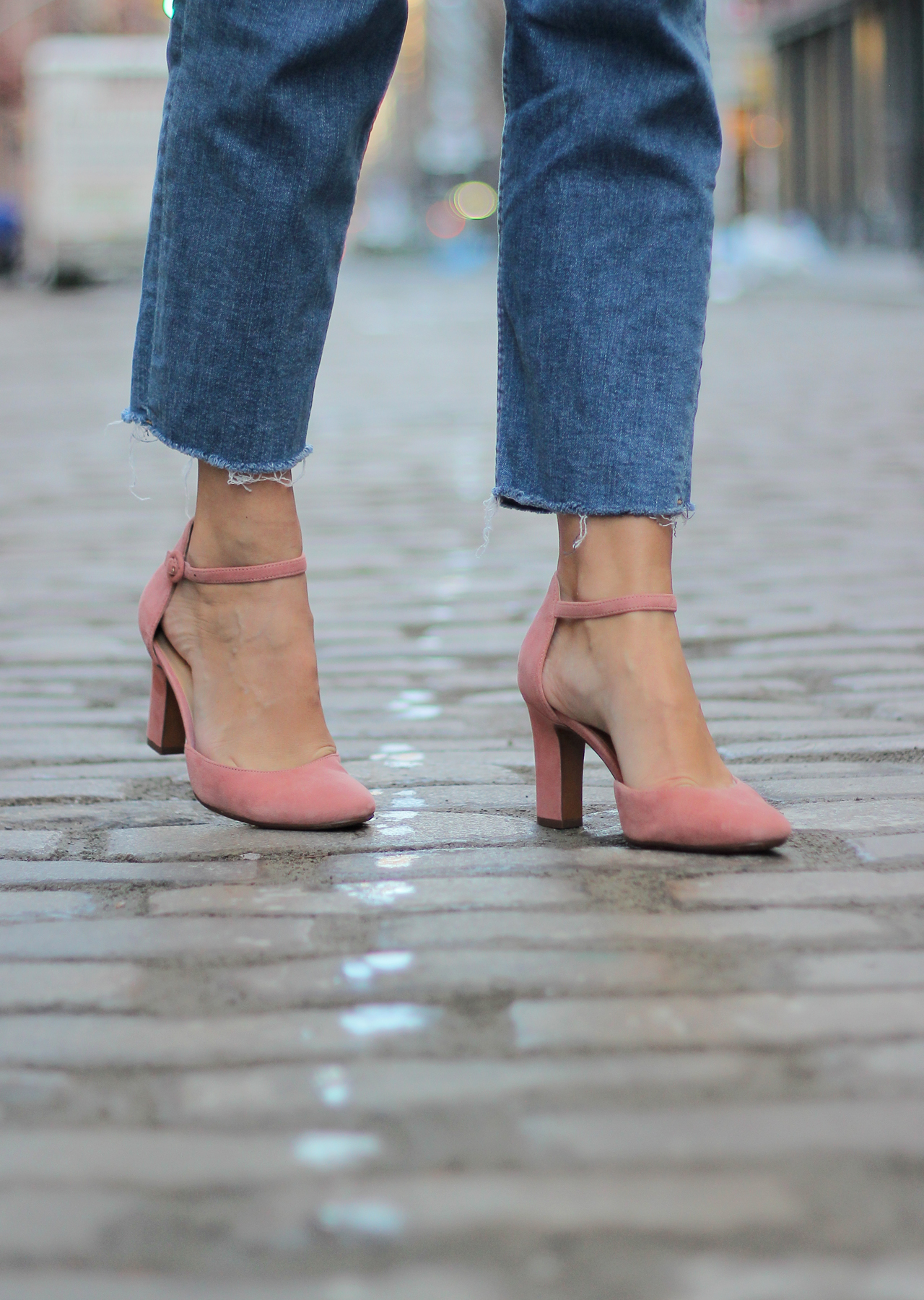 The Steele Maiden: Naturalizer Pink Suede Heels, Overalls and Eyelet Ruffle Blouse